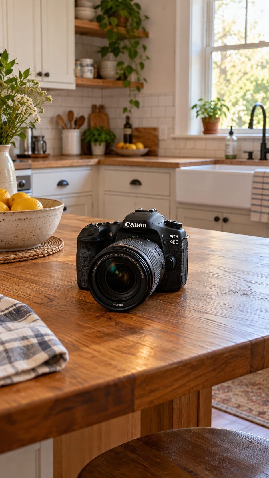Canon EOS 90D camera on a kitchen table